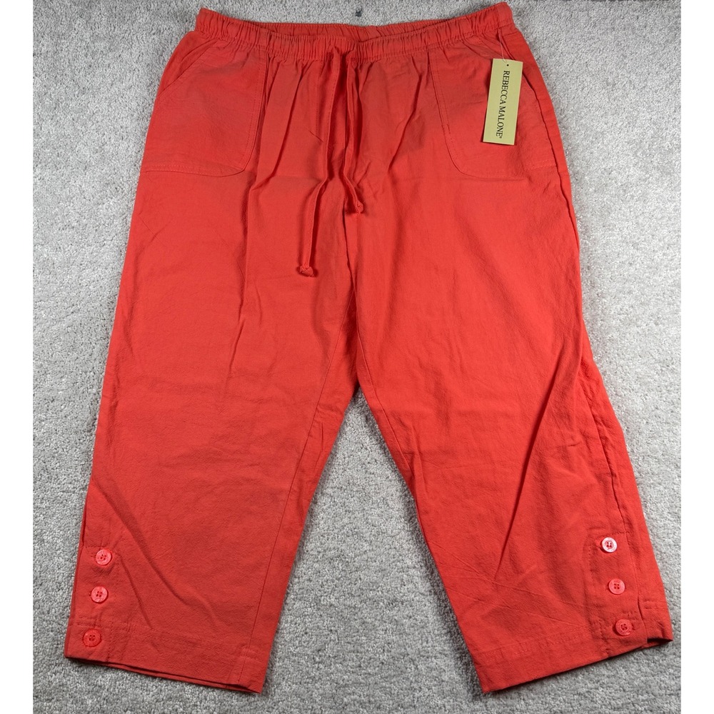 Rebecca Malone Crop Pants Womens L Living Coral Cotton Drawstring Button Hem